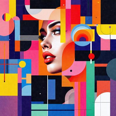 The primary subject of the image is a woman with red lips, who is the focal point of the artwork. The setting is a colorful, abstract background that features a mix of different colors and shapes. The visual style is a combination of digital art and illustration, creating a vibrant and dynamic scene. The colors and mood of the image are lively and energetic, with the woman's red lips adding a bold and striking element to the overall composition.